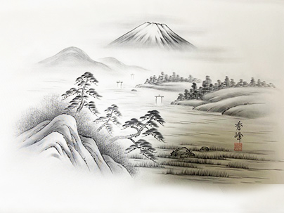 富士山と松　手描き墨絵３