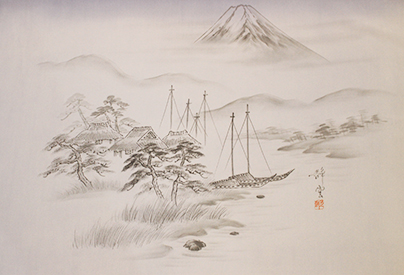 富士山と山水　手描き墨絵